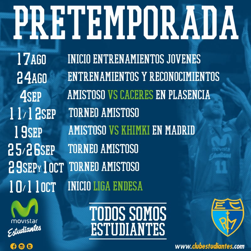 El 17 de agosto arranca la pretemporada del nuevo Movistar Estudiantes. Habrá al menos 8 partidos amistosos contra equipos de Liga Endesa, Oro y Euroliga