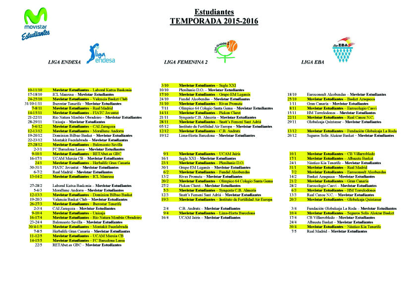 Descarga el calendario de Liga Endesa, Liga Femenina 2 y Liga EBA en un único documento