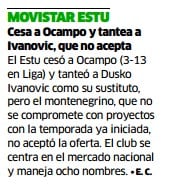 El Kiosko: La no continuidad de Diego Ocampo al frente de Movistar Estudiantes, en la prensa.