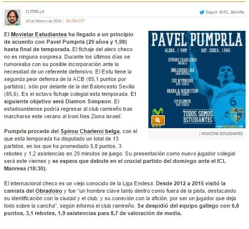 El fichaje de Pavel Pumprla, en los medios