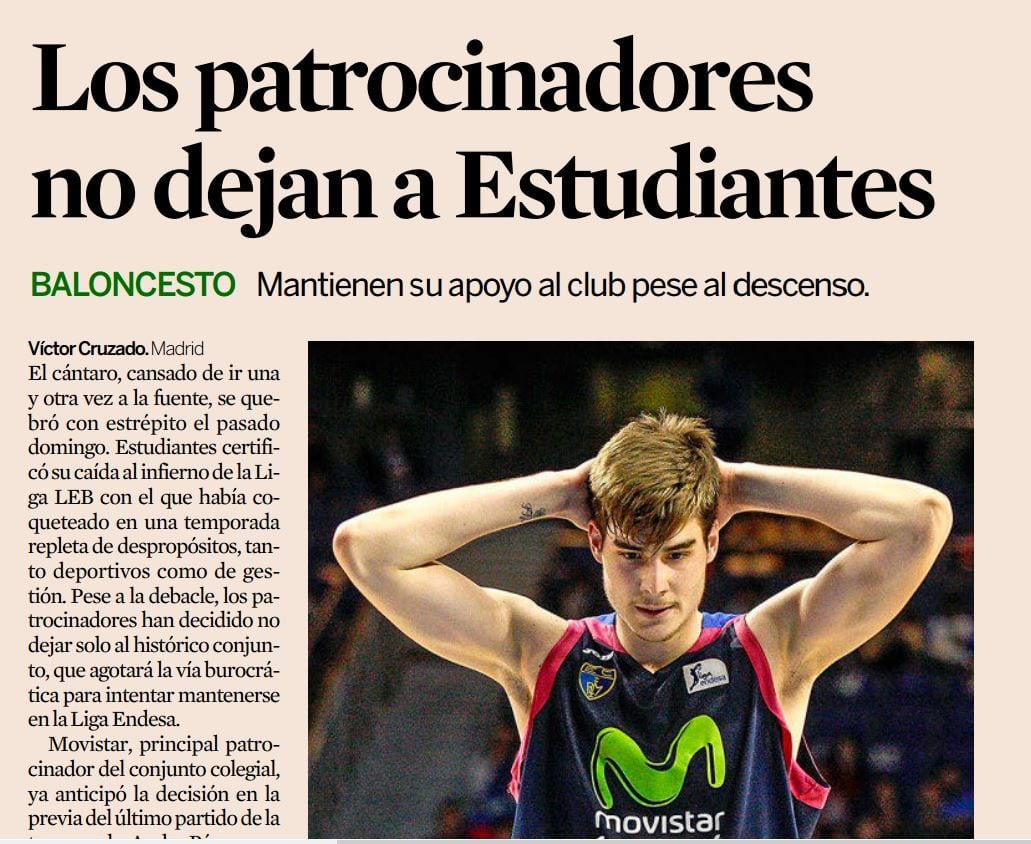 El prestigioso diario económico Expansión destaca que los patrocinadores no dejan a Movistar Estudiantes