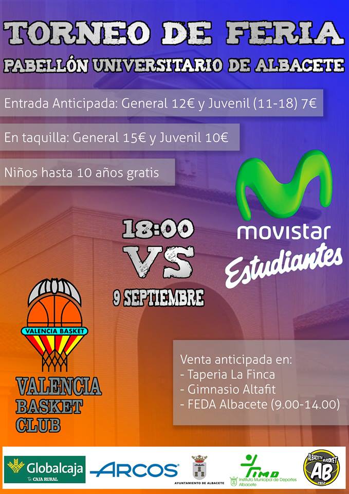 Entradas Torneo Ferias Albacete (9 septiembre contra Valencia Basket), entre 7 y 15 euros