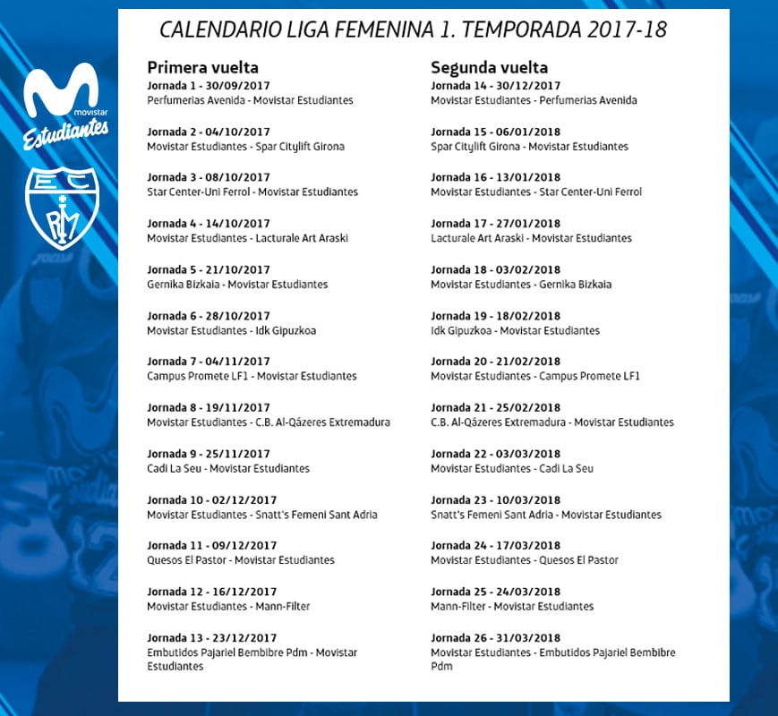 calendario de Movistar Estudiantes en Liga Femenina 2017-18