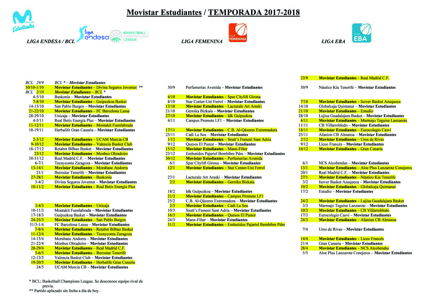 Descárgate el calendario de Movistar Estudiantes 2017-18 en Liga Endesa, BCL, Liga Femenina y Liga EBA