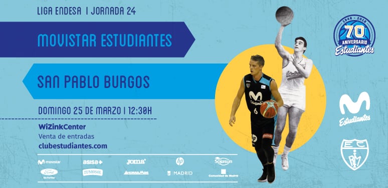 Movistar Estudiantes – San Pablo Burgos. Domingo 25 marzo,12:30h. Entradas desde 15 euros. Descuento 20% abonados.