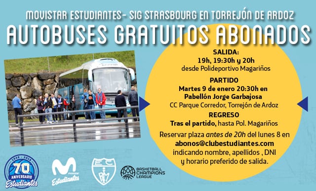Autobuses gratuitos para abonados a Torrejón, partido Movistar Estudiantes- SIG Strasbourg del martes 9, 20:30h