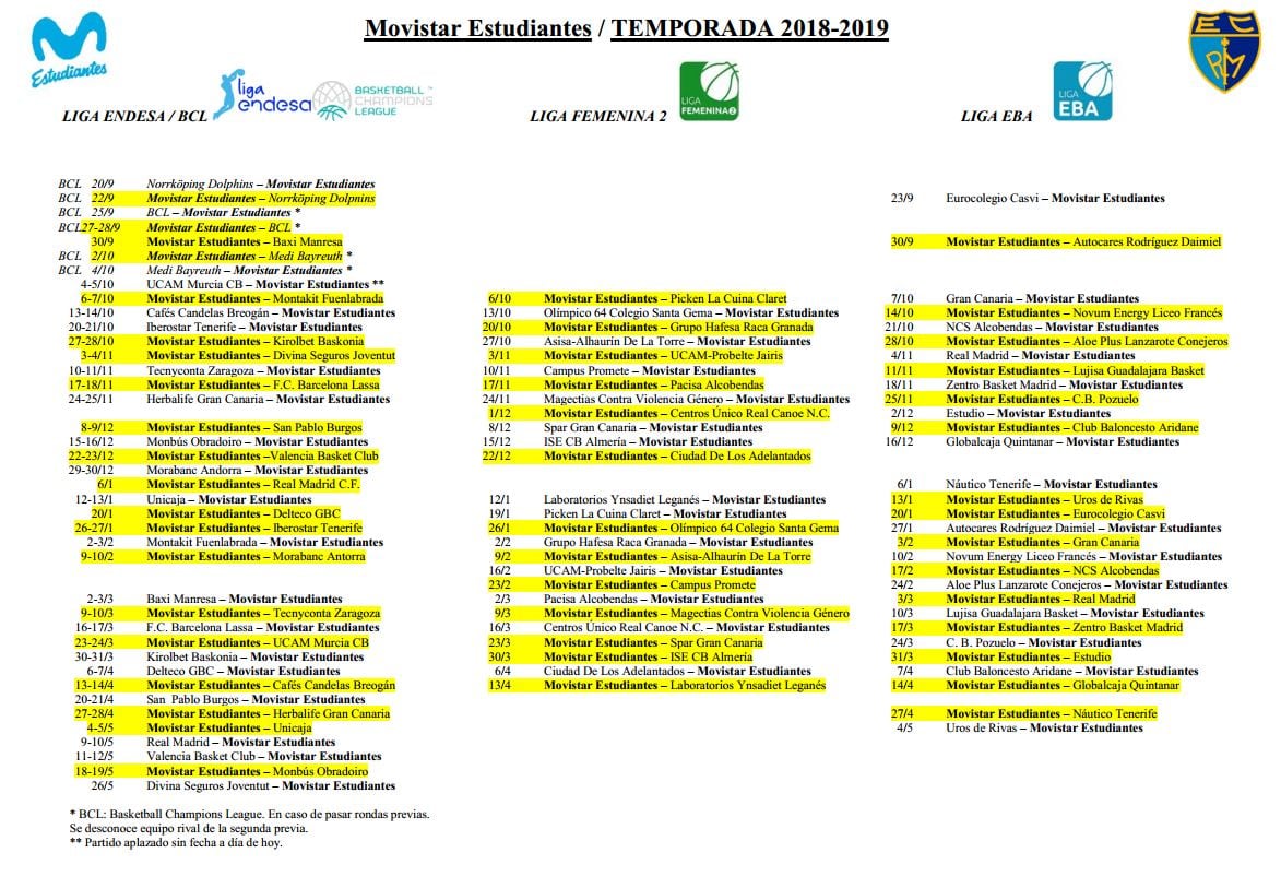PDF con calendario Liga Endesa, LF1 y Liga EBA